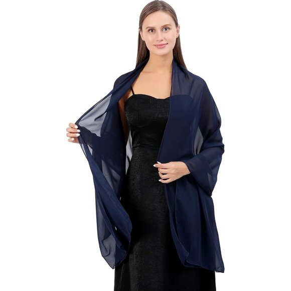 Women Navy Blue Elegant Soft Sheer Chiffon Stole Bride Wedding Shawls and Wraps - Picture 7 of 7